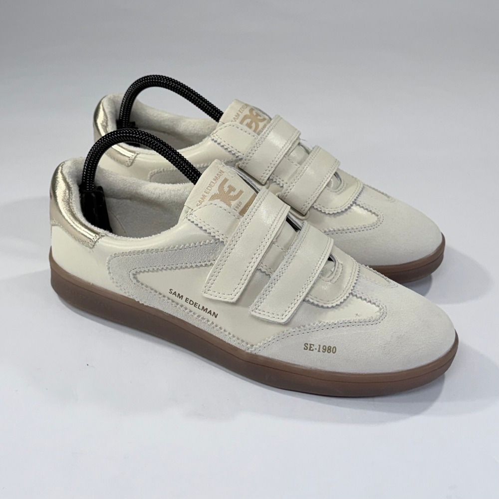 NEW Sam Edelman Talia Sneaker Womens 10 Ivory Gold Leather Suede Hook Loop Retro